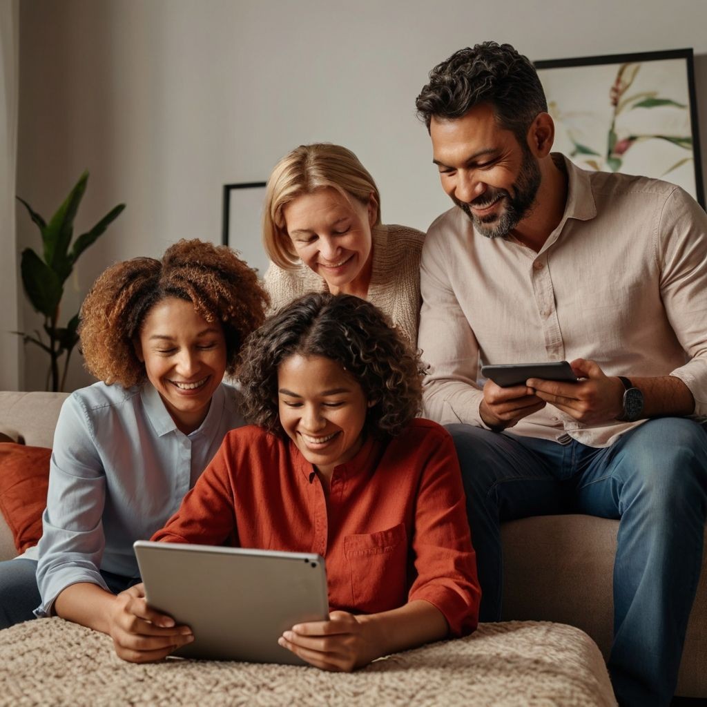 Group of four people smiling and using tablets together on a couch in a cozy living room setting.