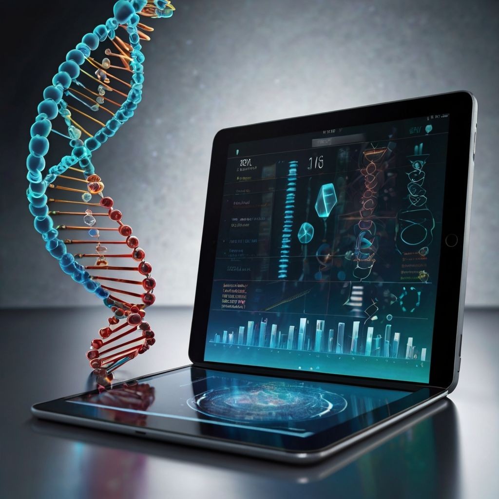 DNA helix next to a digital tablet displaying scientific data and graphics.